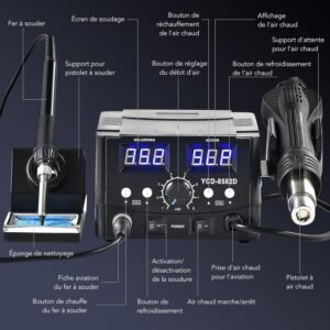 CREWORKS 2 en 1 Station de Soudage 8582D avec Pistolet a Air Chaud 750W Fer a Souder 75W 200-480C Affichage LED Numerique