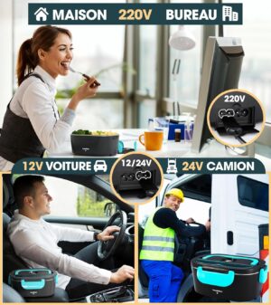 TRAVELISIMO Gamelle Chauffante 80W Lunch Box Chauffante 1,5L Marmite Electrique 3 en 1 220V 24V 12V, Gamelle Chauffante Allume Cigar