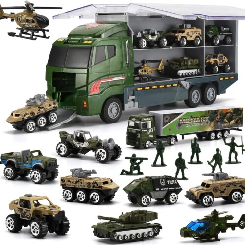 26 in 1 Military Truck with Soldier Set, Mini Military Diecast Vehicle in Carrier Truck, Army Toy Double Sided Transport Vehicle for