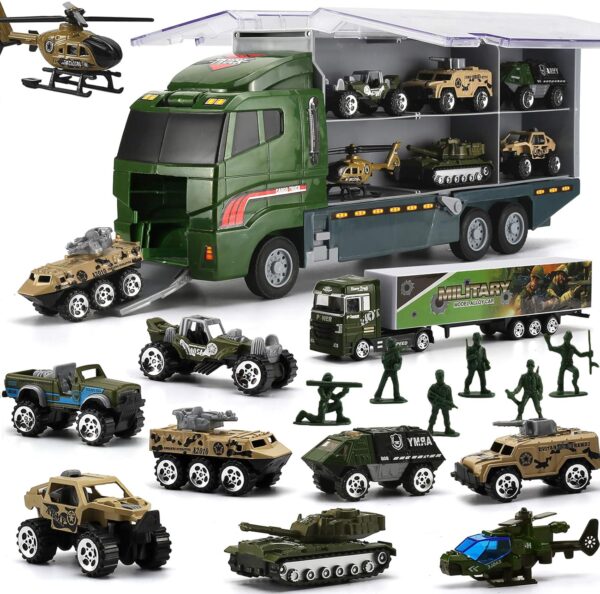 26 in 1 Military Truck with Soldier Set, Mini Military Diecast Vehicle in Carrier Truck, Army Toy Double Sided Transport Vehicle for