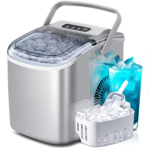 81xFBJu5jL._SL1500_.jpg Portable Ice Maker with Handle, 9 Ball Shaped Ice Cubes Ready in 6 Minutes, 26 lbs24h, Self-Cleaning Function with Ice Scoop and Ba