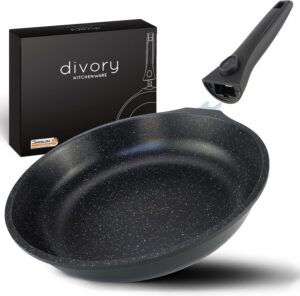 DIVORY grande poele 32cm I Poignee amovible, induction, revetu, aluminium - Grande poele a frire protege-poele - Poele a induction
