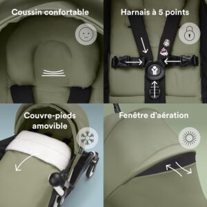 Poussette Stokke YOYO3 avec pack nouveau-ne et pack couleur 6 - Comprend un cadre noir, un pack couleur YOYO 6 (Olive) et un pack