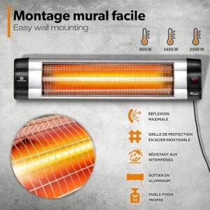 TRESKO Radiateur infrarouge exterieur 2500W Chauffage radiant terrasse murale inclination telecommande 3 niveaux interie