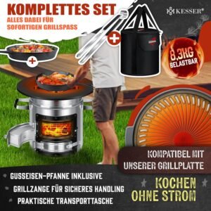 KESSER Four-fusee avec poele a griller en fonte, sac de transport et pince a griller, Dutch Oven BBQ Rakete Holzofen Campingker Cam