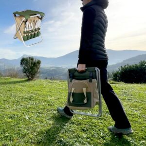 BIKAIN - Foldable Garden Stool - Tool Set - Storage Bag with Zipper - Includes 5 Wooden Remote Control Tools, Brown