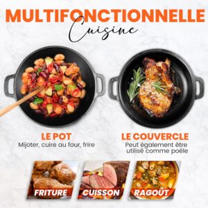 KICHLY 2 En 1 Four Hollandais En Fonte Pre-Assaisonne Avec Couvercle De Poele A Griller A Double Usage - Cuire Au Four, Frire, Rotir