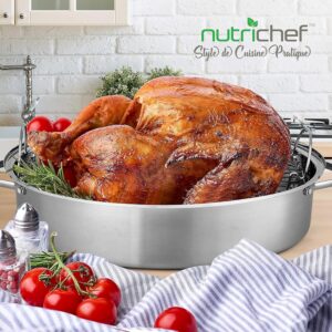 NutriChef Plat Four de Rotissage Ovale51 cm avec Grille et Couvercle - Plat Inox en Acier Inoxydable de Haute Qualite avec Poignees