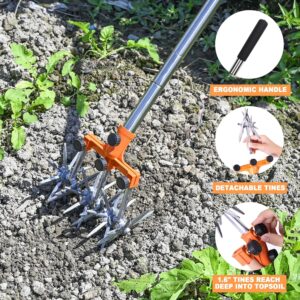BARAYSTUS Long Handle Retractable Rotary Cultivator Stainless Steel Weatherproof with Removable Teeth Cultivator Kit for Soil Mixing