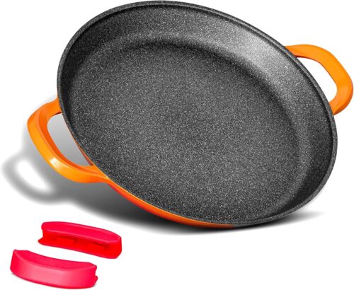 Poele a paella professionnelle, grande poele a frire de 40 cm, aluminium, revetement en marbre antiadhesif, sans produits chimiques,