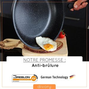 DIVORY grande poele 32cm I Poignee amovible, induction, revetu, aluminium - Grande poele a frire protege-poele - Poele a induction