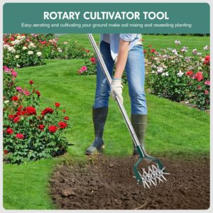 Yeelor Adjustable Rotary Tiller with SS Handle and Removable Solid Metal Teeth for Garden Lawn and Manual for Loosening and Mixing