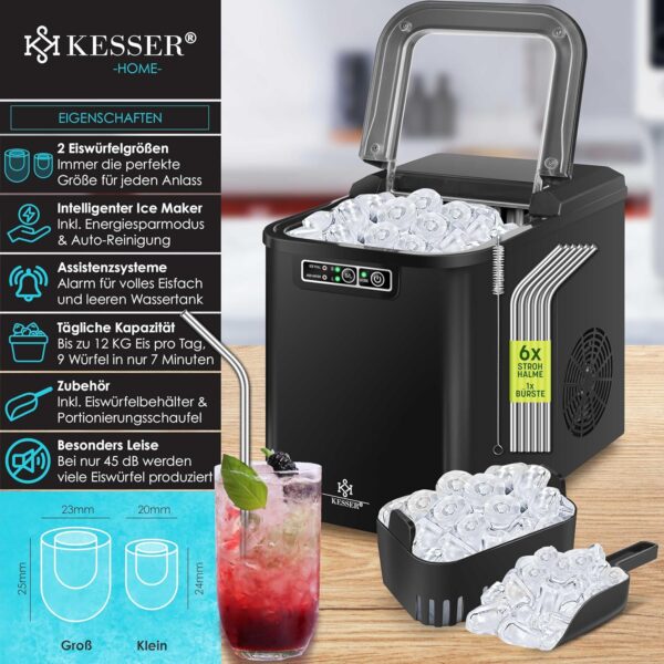 KESSER® Machine à glaçons | Machine à glaçons acier inoxydable | Machine à glace | 12 kg 24 h | Préparation en 7 min | Réservoir d'e