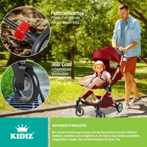KIDIZ Poussette Premium Pliable 360Roues Harnais 5 Points Incl. Porte-boisson Housse de pluie, Dossier reglable Capote pare-so