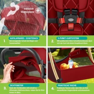 KIDIZ Poussette Premium Pliable 360Roues Harnais 5 Points Incl. Porte-boisson Housse de pluie, Dossier reglable Capote pare-so