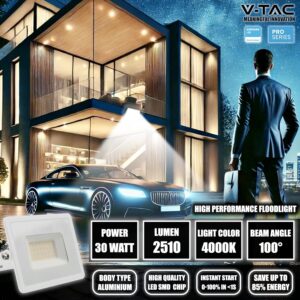 V-TAC Projecteur LED Exterieur 30W - Haute Performance Blanc- IP65 2510 Lumen Lampe Etanche pour Maison, Jardin, Garage, Fabri