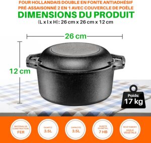 Nutrichef Multi-Cuiseur en Fonte-Cocotte Fonte-Marmite Induction- Casserole Double Pre-Assaisonnee Antiadhesive avec Couvercle et Po