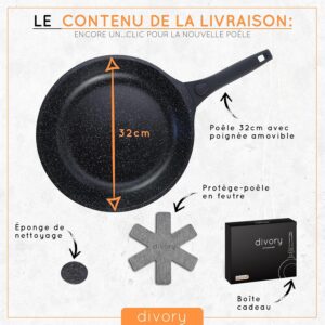 DIVORY grande poele 32cm I Poignee amovible, induction, revetu, aluminium - Grande poele a frire protege-poele - Poele a induction