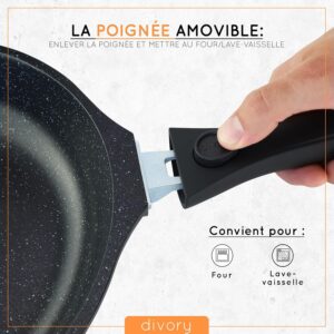 DIVORY grande poele 32cm I Poignee amovible, induction, revetu, aluminium - Grande poele a frire protege-poele - Poele a induction