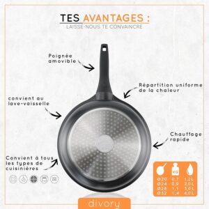 DIVORY grande poele 32cm I Poignee amovible, induction, revetu, aluminium - Grande poele a frire protege-poele - Poele a induction