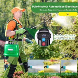 DOUBFIVSY Pulverisateur de Jardin 5L, Pulverisateur Electrique a Batterie Pression avec 4 Buses Reglable, Indicateur du Niveau de Ba