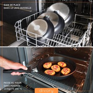 DIVORY grande poele 32cm I Poignee amovible, induction, revetu, aluminium - Grande poele a frire protege-poele - Poele a induction
