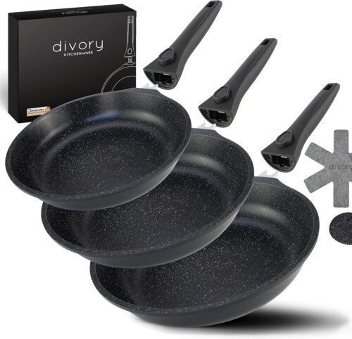 DIVORY Set de 3 poeles Poele 20cm, 24cm, 28cm avec poignee amovible, induction, revetement anti-adhesif poele a frire haute proteg