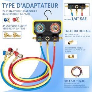 Manomètre clim R1234yf Pindex 3x tuyaux 1,5m R134a/R404A