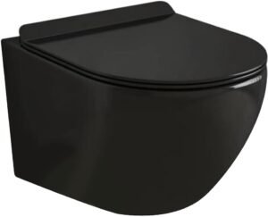 WC suspendu sans bride noir, abattant ultra fin déclipsable