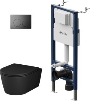 WC suspendu Prime Fit noir sans rebord, plaque et abattant