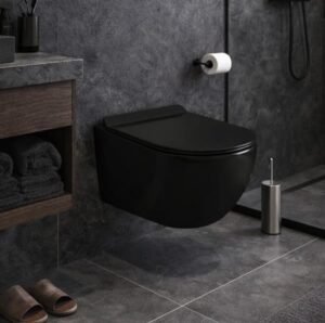 WC suspendu sans bride noir, abattant ultra fin déclipsable