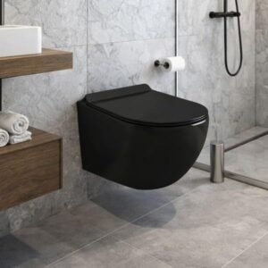 WC suspendu sans bride noir, abattant ultra fin déclipsable