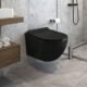 WC suspendu sans bride noir, abattant ultra fin déclipsable
