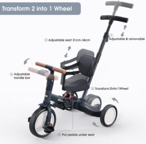 Tricycle 5 en 1 newyoo 1-3 ans, barre de poussée, anthracite