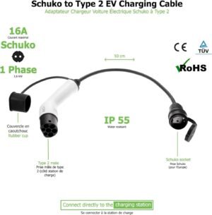 Adaptateur Schuko vers Type 2 EV+ 1-Phase 16A 3,6kW