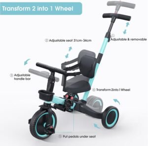 Tricycle draisienne 5 en 1 newyoo 1-3 ans bleu avec barre