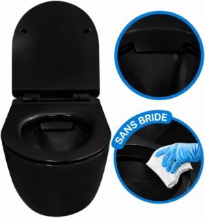 WC suspendu sans bride noir, abattant ultra fin déclipsable