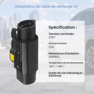 Adaptateur Type 2 vers Type 1 pour véhicule électrique avec clip