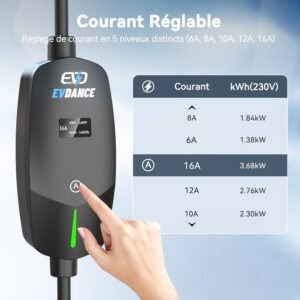 Chargeur voiture électrique EVDANCE Type 2 3,7 kW 6-16A 6,1m