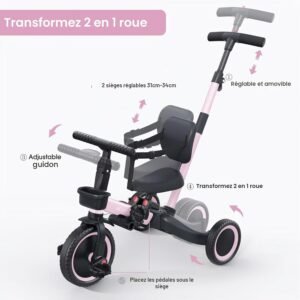 Draisienne 5 en 1 newyoo 1-3 ans, barre de poussée, rose