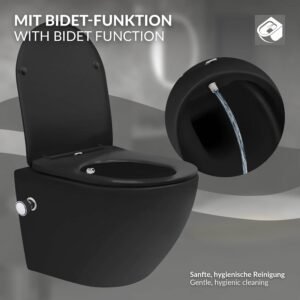 WC suspendu LuxeBath 49 cm sans rebord Noir Mat avec bidet