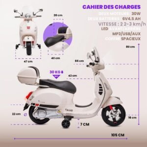 Scooter électrique enfant Vespa Blanc, MP3 et coffre
