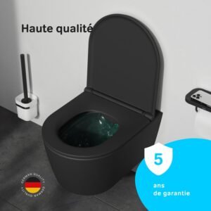 WC suspendu Prime Fit noir sans rebord, plaque et abattant