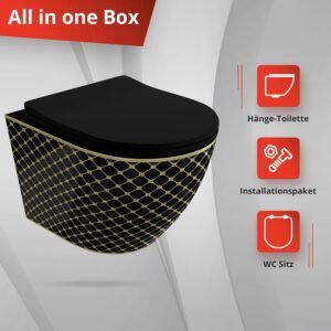 WC suspendu Lavita Sofi Slim sans bride - noir et or