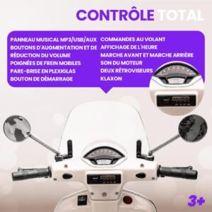 Scooter électrique enfant Vespa Blanc, MP3 et coffre