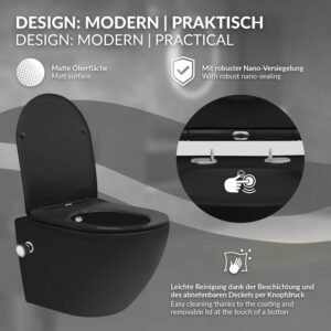 WC suspendu LuxeBath 49 cm sans rebord Noir Mat avec bidet