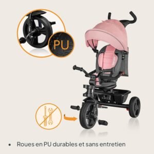 Tricycle bébé évolutif Lionelo Haari 2 en 1, siège 360° Rose
