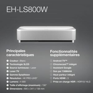 Projecteur laser TV 4K Epson ultracourte focale 4 000 lm