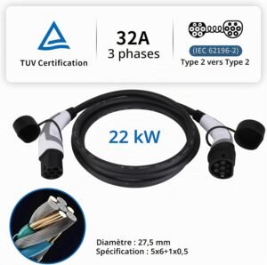 Câble de recharge voiture électrique Type 2 22 kW 32 A 3 m