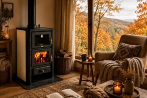Poêle combustion bois 5+15 kW cuisinière arrière chaudière